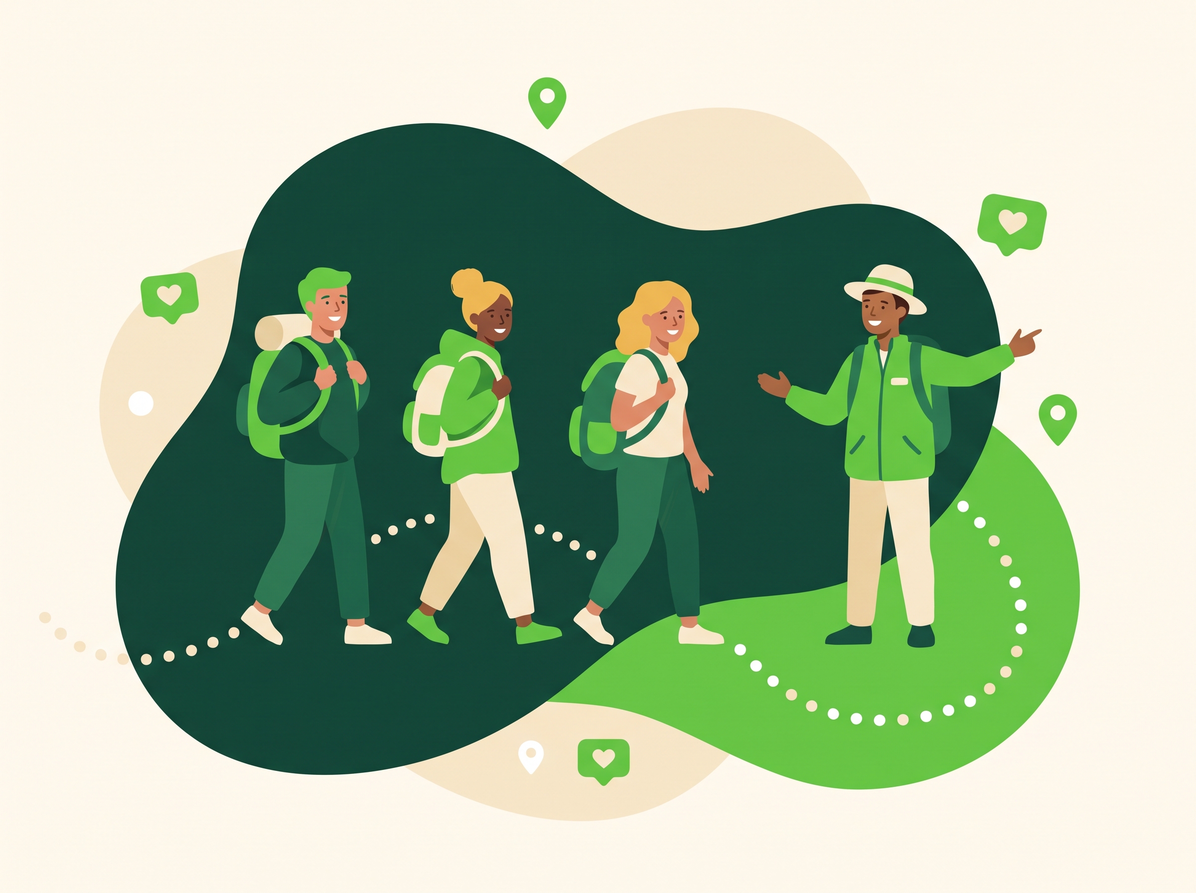 Ilustração de um guia local liderando um pequeno grupo de viajantes